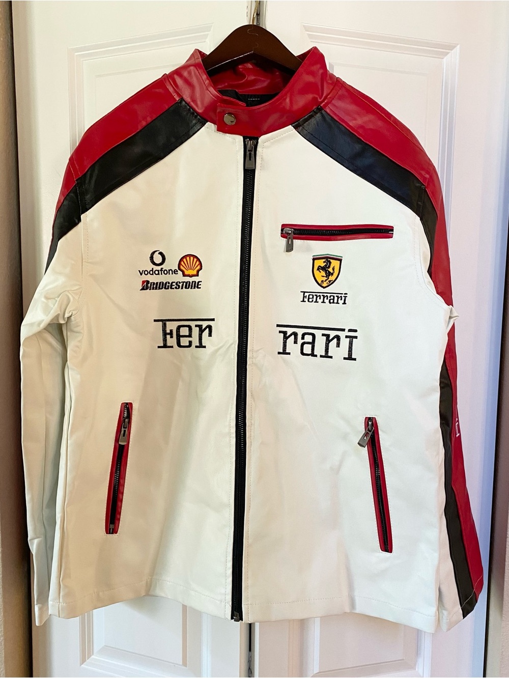 Ferrari Faux Leather Red White Black Biker Jacket Vodafone Shell Bridgestone